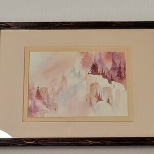 Vintage Southwestern Landscape Pueblo Watercolor Framed Art